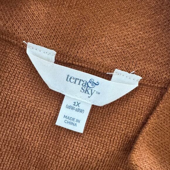 Terra & Sky Womens Plus Size 1X Sweater Burnt Orange Collared Pockets Open Front - Picture 3 of 8